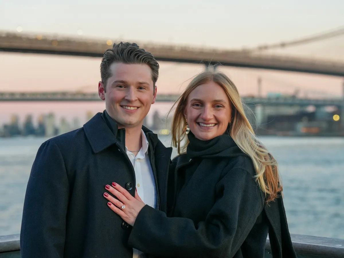 Hannah and Luke after the proposal at Brooklyn Bridge Park