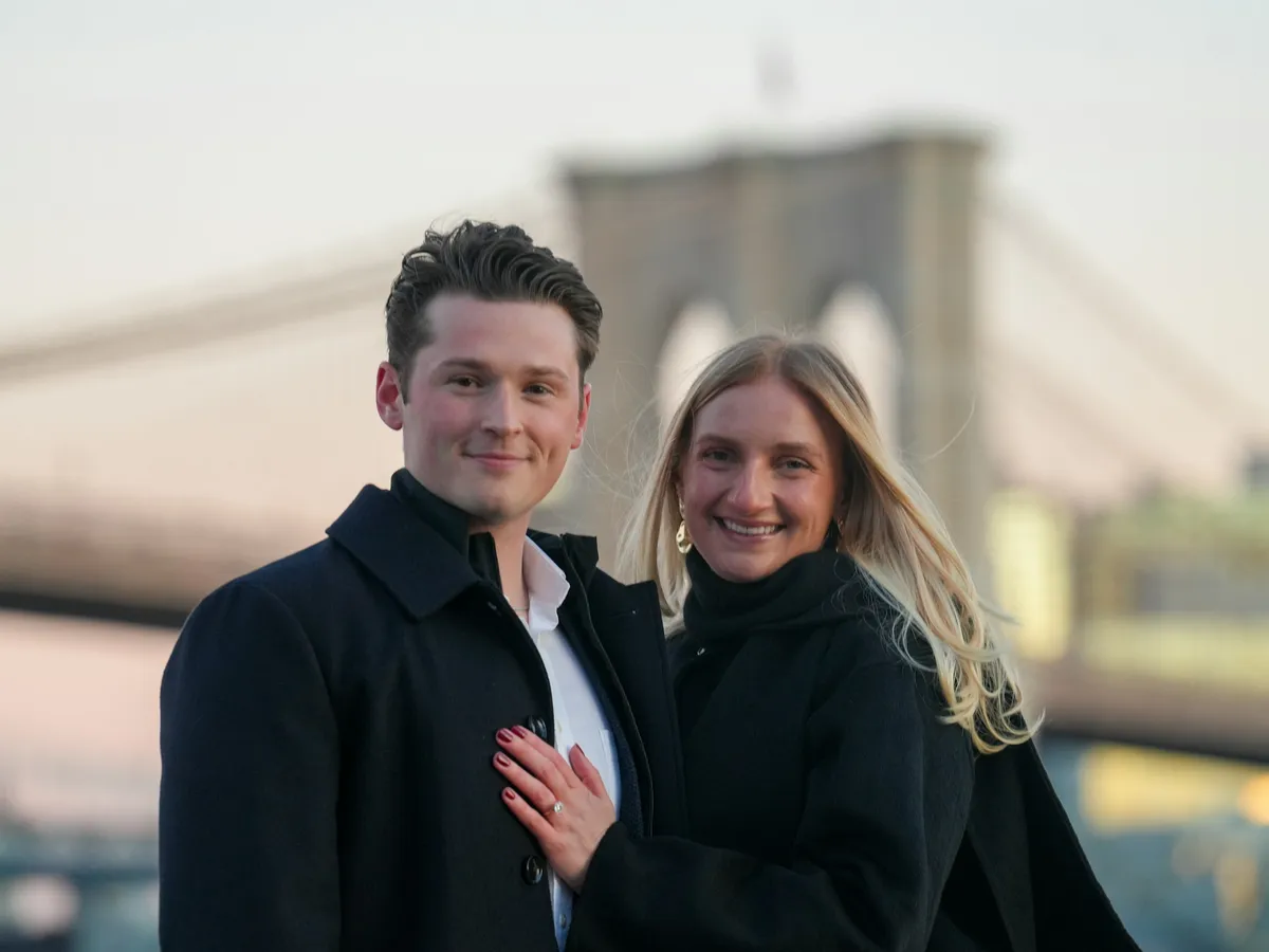 Hannah and Luke after the proposal at Brooklyn Bridge Park